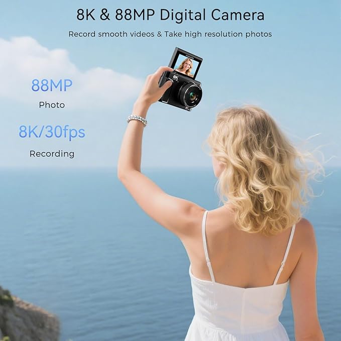 8K Digital Camera for Photography, 88MP Vlogging Camera for YouTube with 3" 180° Flip Screen, 18X Digital Zoom Point and Shoot Cam with 32GB Micro SD Card for Beginner (Gunmetal)