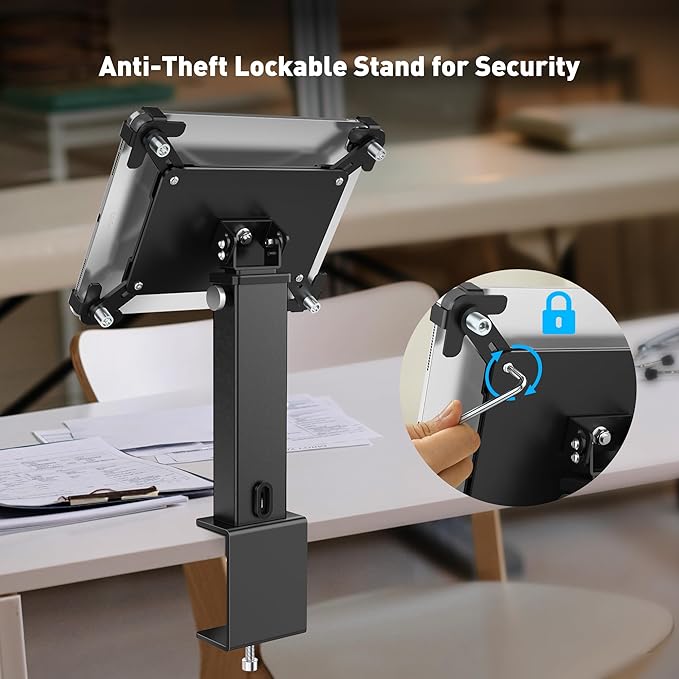 AboveTEK iPad Clamp Mount Desk, Adjustable Tablet Holder Clamp with 360° Rotation & 180° Tilt, Fits 9.7"-13" Tablets, Anti-Theft iPad Desk Stand, Heavy-Duty Aluminum Tablet Stand, Perfect for Work