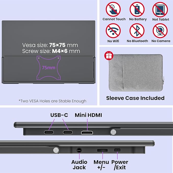 Portable Gaming Monitor 16 Inch QHD 2.5K 2560X1600 16:10 100 Hz 100% sRGB 10 Bit Travel Monitor for MacBook, Laptop, PC, Surface, Game Console, VESA Compatible, with Kickstand