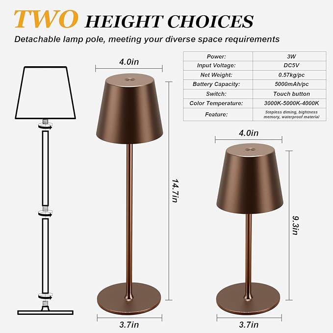 Cordless Table Lamp Rechargeable Brown - KK 2 Pack 5000mAH Battery Operated Lamp for Counter, 3 Color Stepless Dimming Wireless Lamp for Dining Table, Kitchen Counter, Outdoor Patio, Touch Control