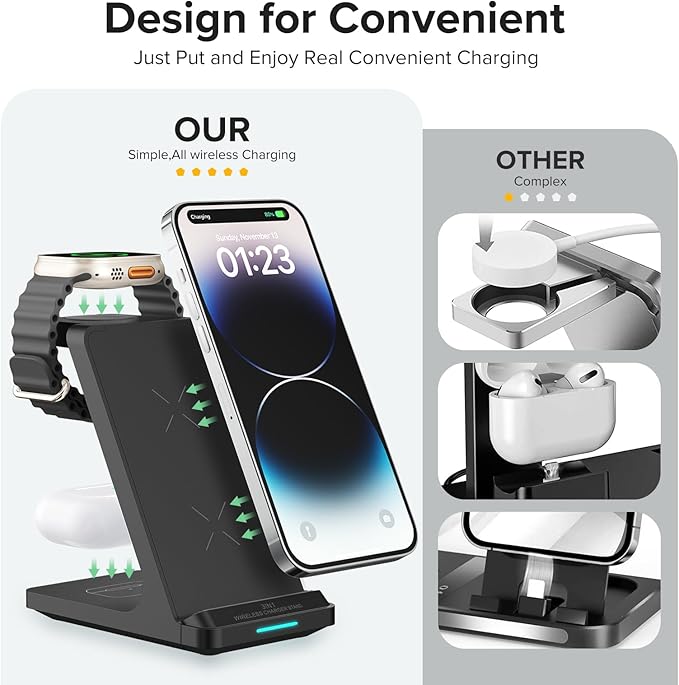 Wireless Charging Station, 3 in 1 Fast Wireless Charger Stand for Multiple Devices Apple Watch Ultra Series 11 10 9 8 7 6 SE 5 4 3 2, iPhone 17 16 15 14 13 12 11 Pro Max/Plus/Air/X/XS/XR, Airpods Pro