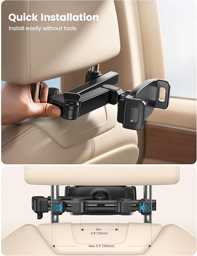 Lamicall Car Headrest Tablet Holder - [3 in 1 Extension Arm] Adjustable Tablet Car Mount for Back Seat, Road Trip Essentials for Kids, for 4.7-11" Device Like iPad Pro, Air, Mini, Galaxy, Fire, Black