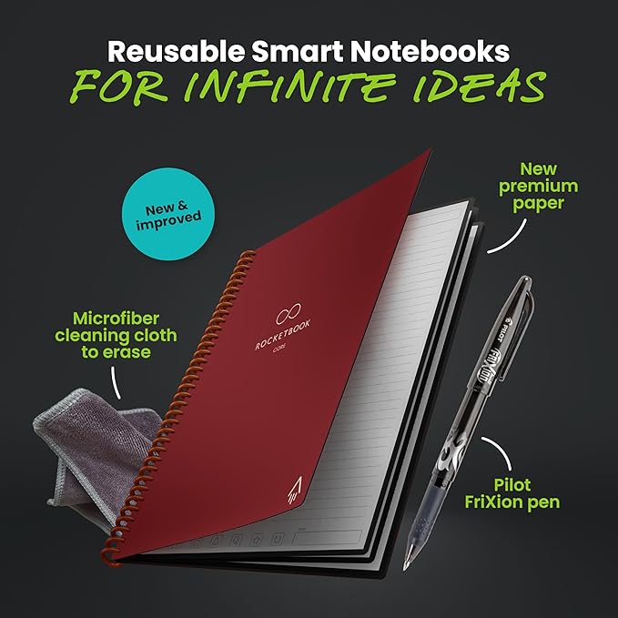 Rocketbook New Core Reusable Spiral Notebook, Letter Size 8.5x11, Maroon - Lined Pages, App-Connected, Erasable, Durable Cover, Ideal for School, Work, and Creative Projects