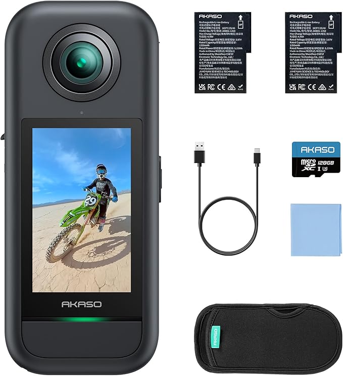 AKASO 360 Weatherproof 360° Action Camera - 5.7K 360 Video with 1/2" 48MP Sensors, 72MP 360 Photo, SuperSmooth, Invisible Selfie Stick Effect, 360° Horizon Lock, AI Tracking with 128GB MicroSD Card