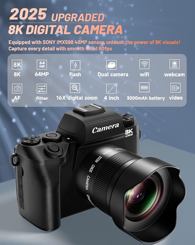 8K 64MP Digital Camera for Photography, Vlogging Camera with Autofocus, WiFi, 4Inch Touchscreen, 16X Digital Zoom, 3000mAh Battery, Dual-Lens, Lens Hood, 32GB TF Card and Flash,Black