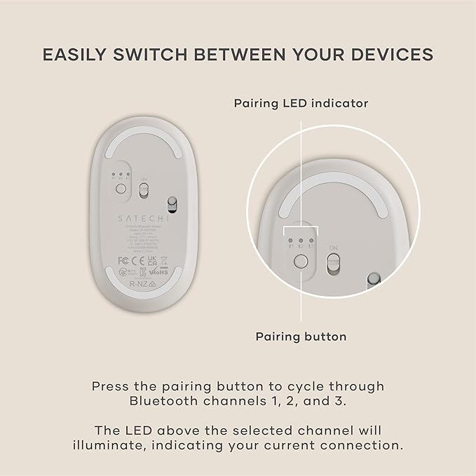 Satechi OntheGo Bluetooth Mouse with USB C Rechargeable Battery, Connect up 3 Devices, Compact and Portable Wireless Mouse for Laptop, Computer, Tablet – Sand