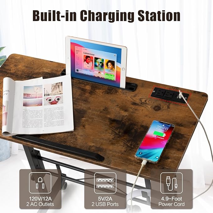 SIDUCAL Standing Desk Height Adjustable with Tiltable Tabletop, Rolling Laptop Desk with Charging Station, Sit Stand Portable Stand Up Desk with Wheels, Rustic Brown