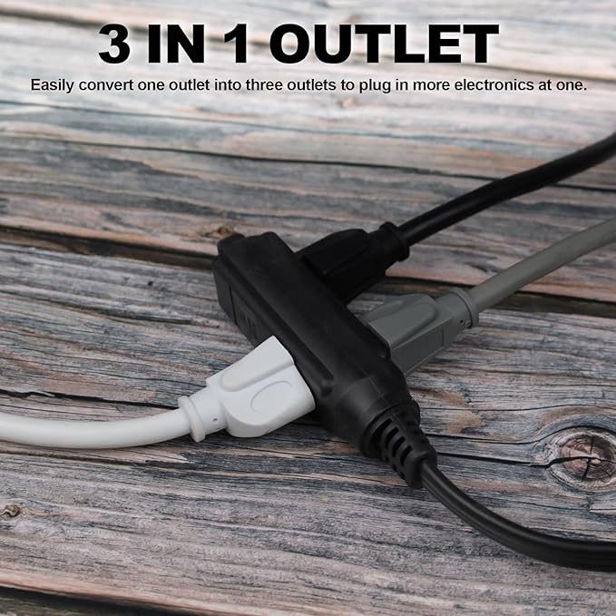 EP 1 Ft 3 Outlet Extension Cord with Flat Plug, 3 Prong Grounded, 16/3 SPT-3 Power Cable for Indoor Use, Black, 2 Pack