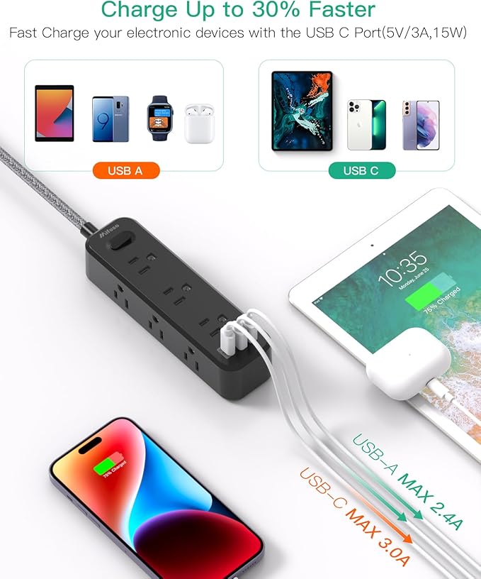 Black Extension Cord 15FT, Surge Protector Power Strip, Long Extension Cord with 9 Outlets 3 USB Ports, Extension Cord with Multiple Outlets, USB Power Strip for Home, Dorm Room Essentials, College