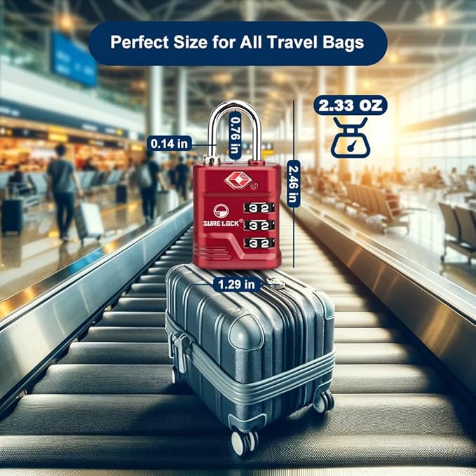 SURE LOCK TSA Locks for Luggage, TSA Approved Luggage Locks with Open Alert, TSA008 Key for High Security, Easy Read Dials, Zinc Alloy Body, Locker Lock for Suitcase, Gym, Travel(Red 2 pk)