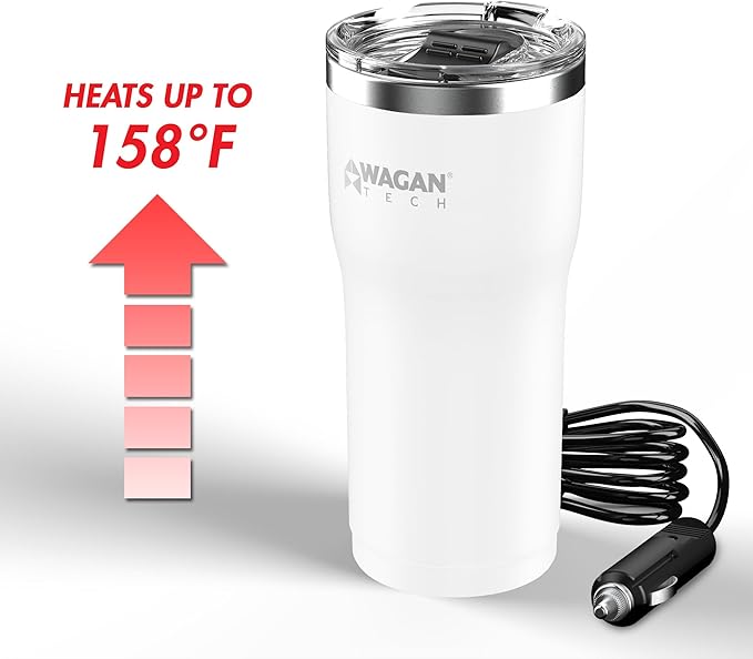 Wagan EL6102 12V Travel Car Heated Mug Portable 16oz Stainless Steel Anti-Spill Lid Slip resistant base Car Coffee Warmer Coffee Cup (White)