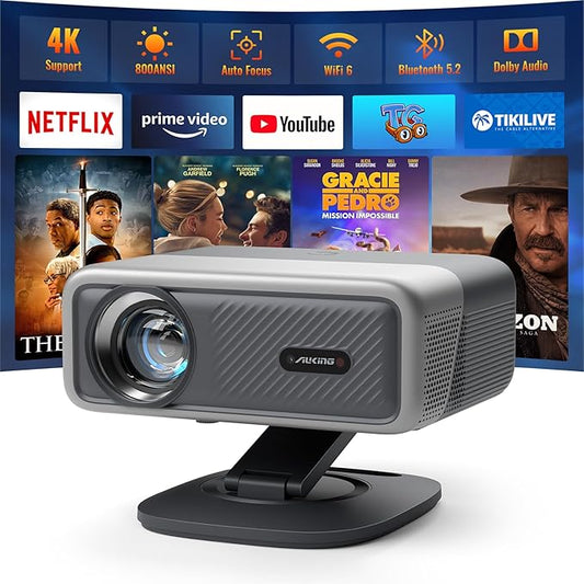[Netflix Officially&AI Auto Focus]AuKing Smart Projector with Wifi and Bluetooth,Auto Focus&Keystone Projector4K,3D DoIby Audio, 1200ANSI Outdoor Projector with Omnidirectional Rotating Stand(Grey)