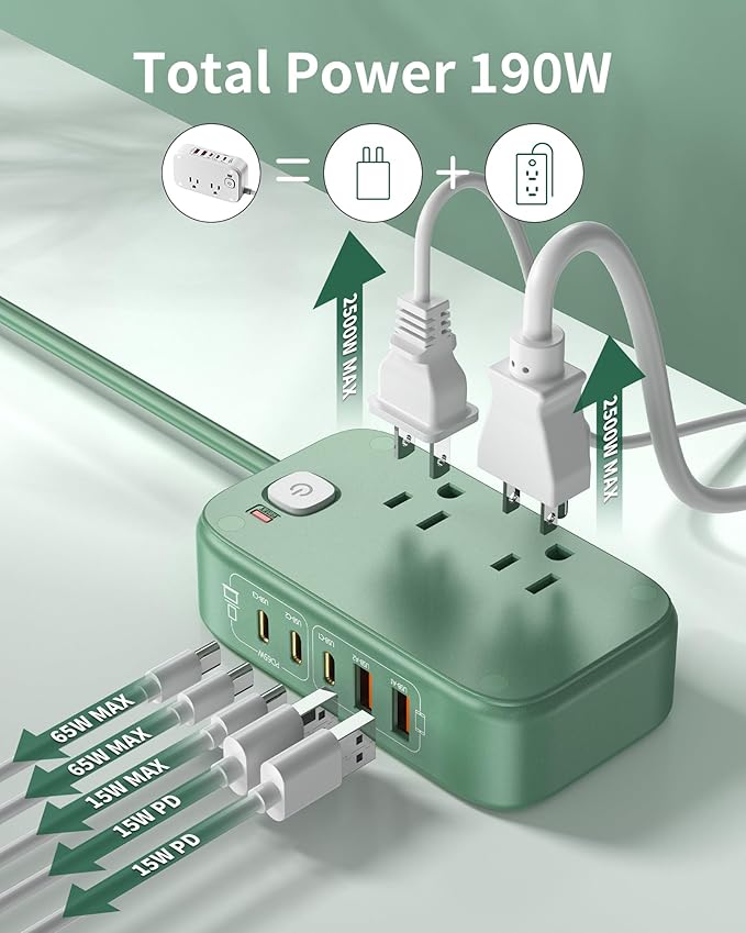 USB C Charging Station,65W USB C Power Strip Surge Protection 1200J, 5FT Flat Extension Cord Desktop USB Charging Hub for Multiple Devices (Pearl Green, 65w)