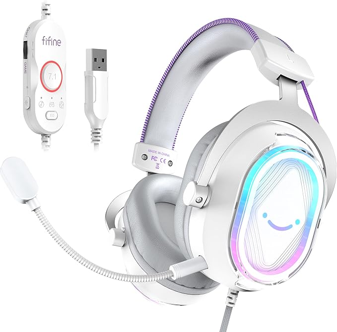 FIFINE USB Gaming Headset: Flowing RGB Lighting - 7.1 Surround Sound - Detachable Mic - Soft Ear Pads, Over-Ear Headset with Control Box, for PC, Laptop, Mac, PS5/PS4 - AmpliGame H13WP (White&Purple)