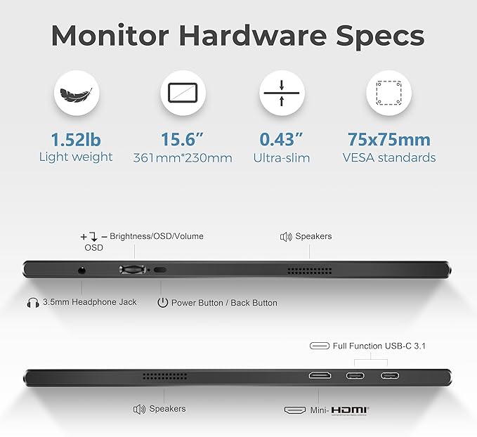 Portable Monitor 15.6-Inch FHD 1080P IPS with HDR for Gaming, USB-C/HDMI Extended Screen, Ultra-thin Plug&Play, with Case & Speakers, for Laptop MAC PC Phone DVR PS4/5 Xbox Switch