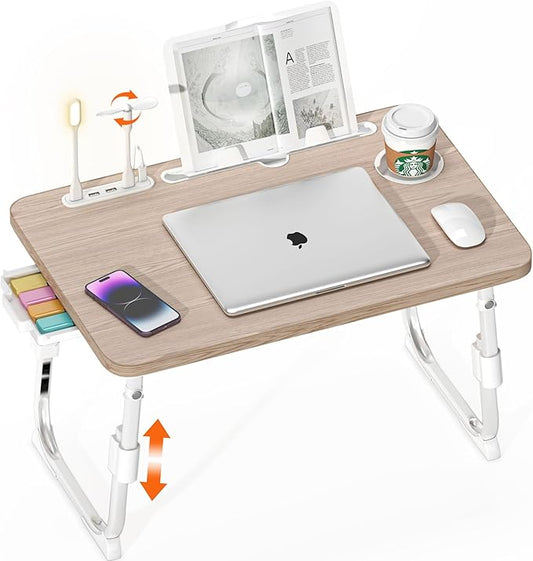 Laptop Desk for Bed Height Adjustable, Lap Bed Table with USB/Storage Drawer/Cup Holder/Tablet Stand/Book Shelf, Foldable Breakfast Tray Portable for Reading Writing, Sofa & Floor, Glacier