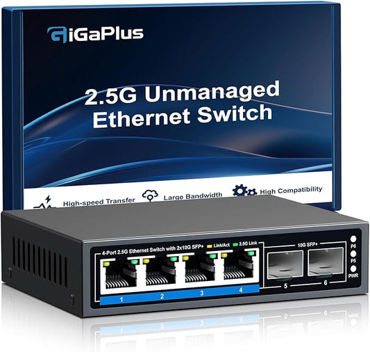 6 Ports 2.5Gb Unmanaged Ethernet Switch with 4* 2.5G Base-T Ports, 2* 10G SFP+ Ports. 2.5Gbps Network Switch for 2.5Gbps NAS/PC, WiFi6 Router, Wireless AP. Fanless Design, Plug and Play