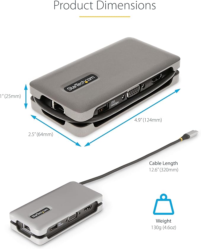 StarTech.com USB-C Docking Station for MacBook Pro M1 M2 M3 M4 and Windows, 4K 60Hz HDMI or 1080p VGA Video, USB 10Gbps Hub, 100W Laptop Charging, GbE, 1ft/30cm Cable