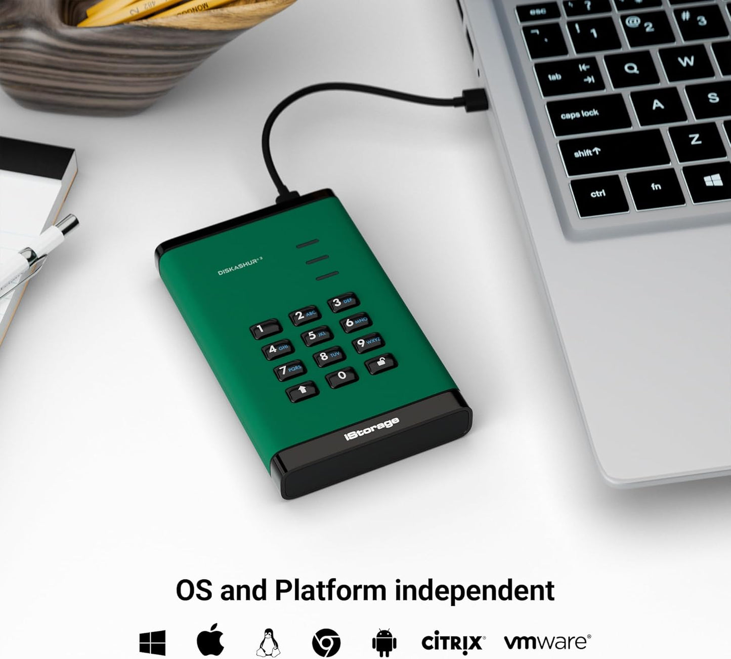iStorage diskAshur3 SSD 4TB Green - Secure Portable Solid State Drive - Password Protected - Dust & Water Resistant - Hardware Encryption