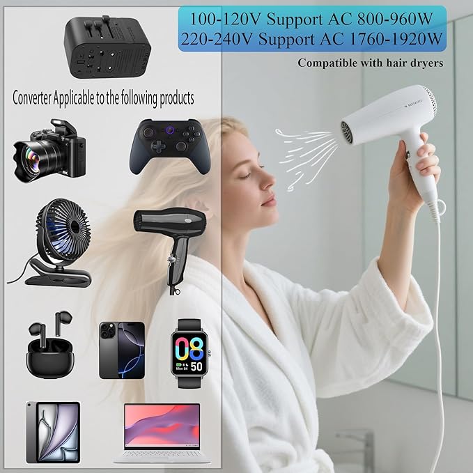 220V to 110V Voltage Converter,US to Europe Travel Converters,Universal International Travel Power Adapter with 2 Type C and 2 USB A Port,DC PD20W & QC 18W, Multi-Plug USA/UK/EU/AUS/China Converter