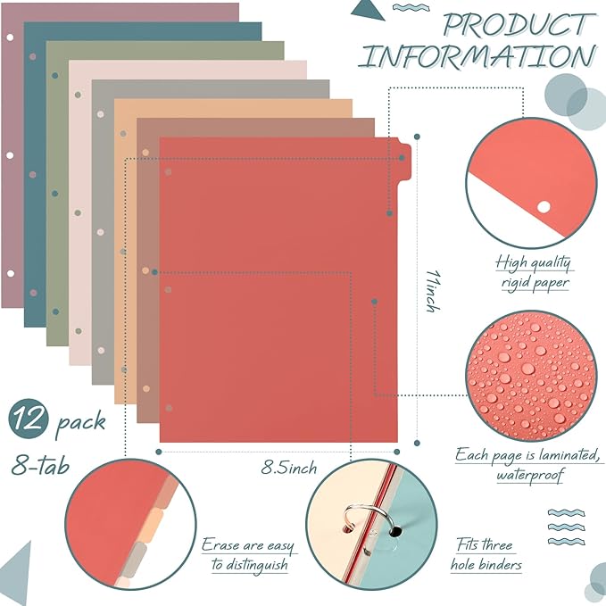 Honoson 12 Sets 8 Tab Dividers for 3 Ring Binders Plastic File 8.5 x 11 Inch Paper Multicolor Page Binder Index Dividers for School Office(Vintage Color)