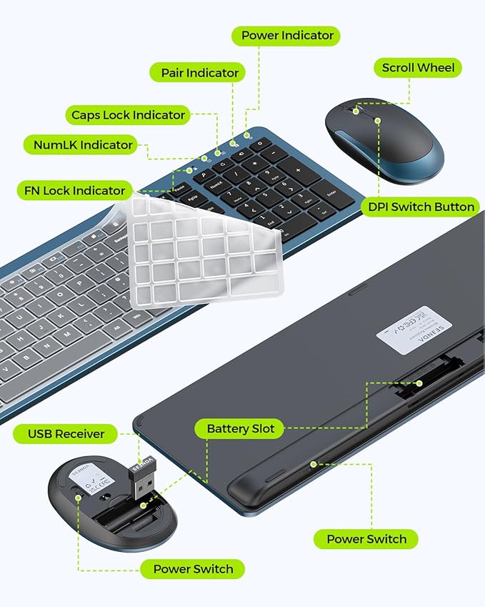 Wireless Keyboard and Mouse Combo - Full Size Slim Thin Wireless Keyboard Mouse with Numeric Keypad 2.4G Stable Connection Adjustable DPI (Dark Blue)