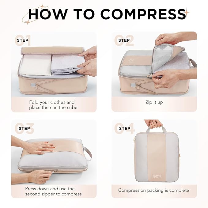 6 Set Compression Packing Cubes for Travel Essentials,Compressible Expandable Packing Cubes for Suitcase,OlarHike Luggage Organizer Bags for Travel,Handy Helper for Organizing Clothes(Beige)