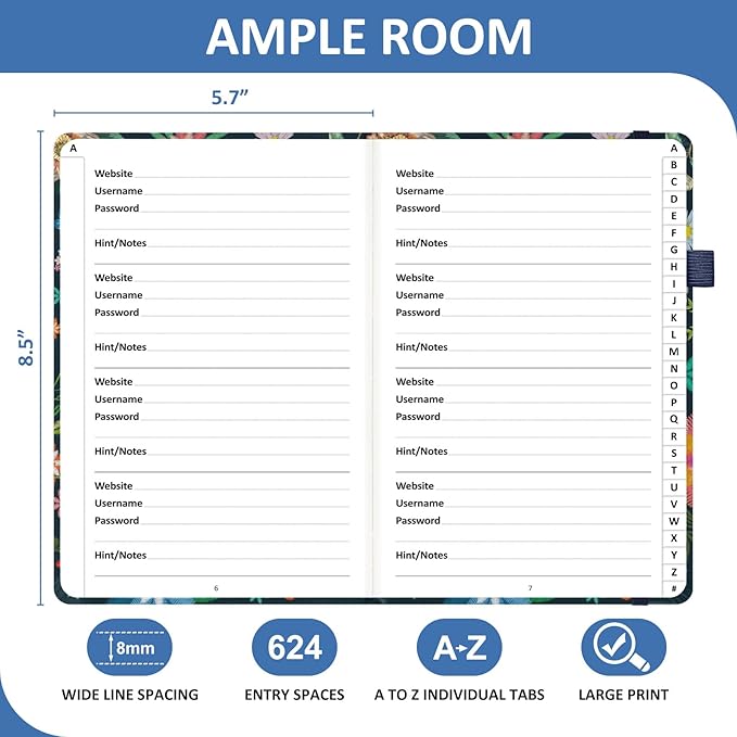 Password Book with Individual Alphabetical Tabs Laminated, Large Print Password Keeper Book for Seniors, A5 Hardcover Internet Password Log Book to Record Website Login Details - Bloom