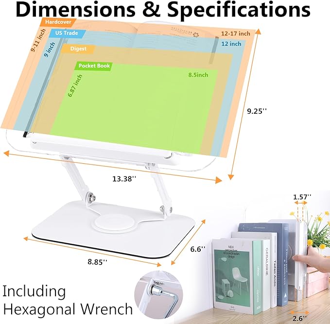 ASIEIT Book Stand for Reading, Acrylic Adjustable Book Holder with 360° Rotating Bases & Elastic Page Clips, Foldable Desktop Riser, Multifunctional Display Stand for Bible, Laptop, Recipe, Textbook