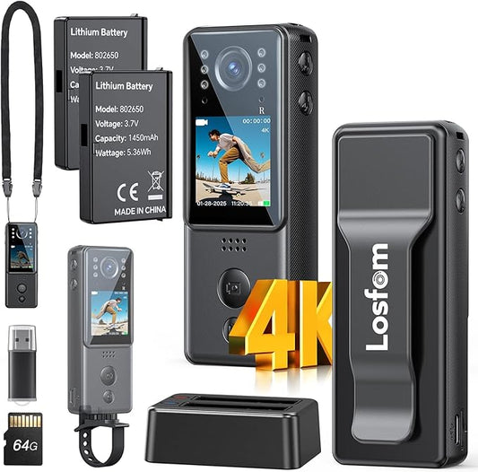 4K Body Camera with Audio, Z13 Compact Police Body Cam with 2 Batteries & Dock, 6 IR Night Vision, Bike Mount, Clip & Lanyard for Commuting, and Daily Recording(128G-4K with 2pcs Batteries)