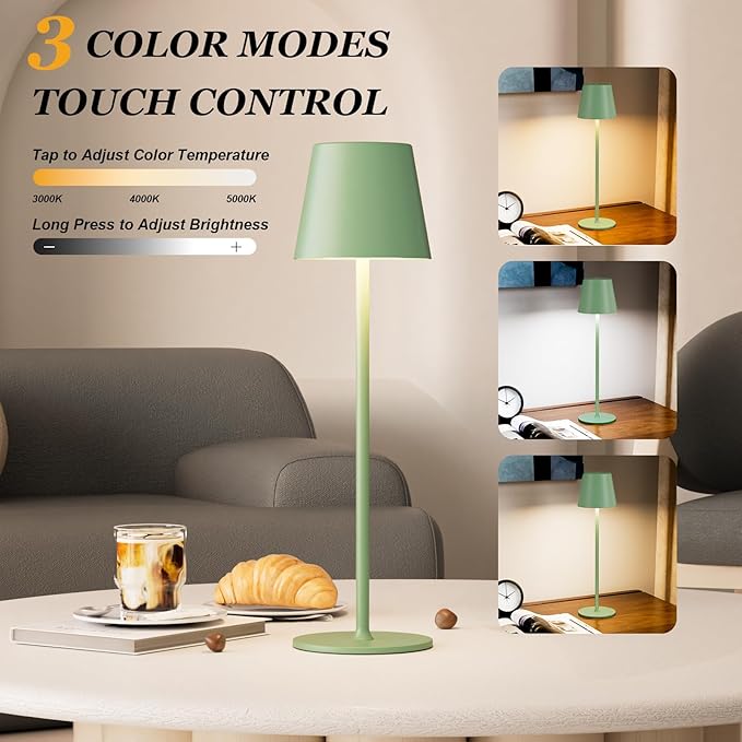 Kakanuo Cordless Table Lamp Rechargeable Green - KK 2 Pack 5000mAH Battery Operated Lamp for Dining Table, 3 Color Stepless Dimming Wireless Lamp for Counter, Outdoor Patio, Touch Control