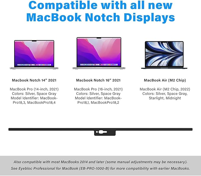 Webcam Cover - Compatible with MacBook 2021-2022 Air & Pro Notch Displays & Pre-2020 Models - Black Notch Series, 1 Pack - Magnetic Webcam Cover Slide & Camera Privacy Slider