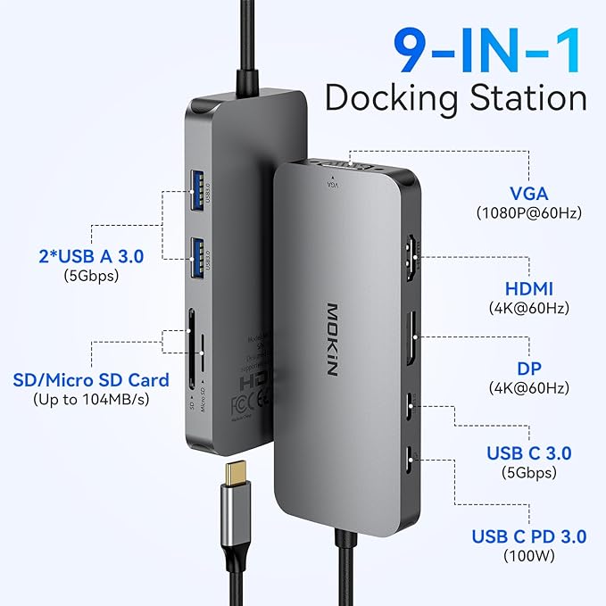 MOKiN USB C Multiport Adapter for MacBook Air/Pro, Mac Dongle, 9 in 1 USB C to DP Adapter, USB A&C3.0 5Gbps, SD/TF Card Reader, 100W PD, USB C Hub for Dell, Lenovo, HP, etc.