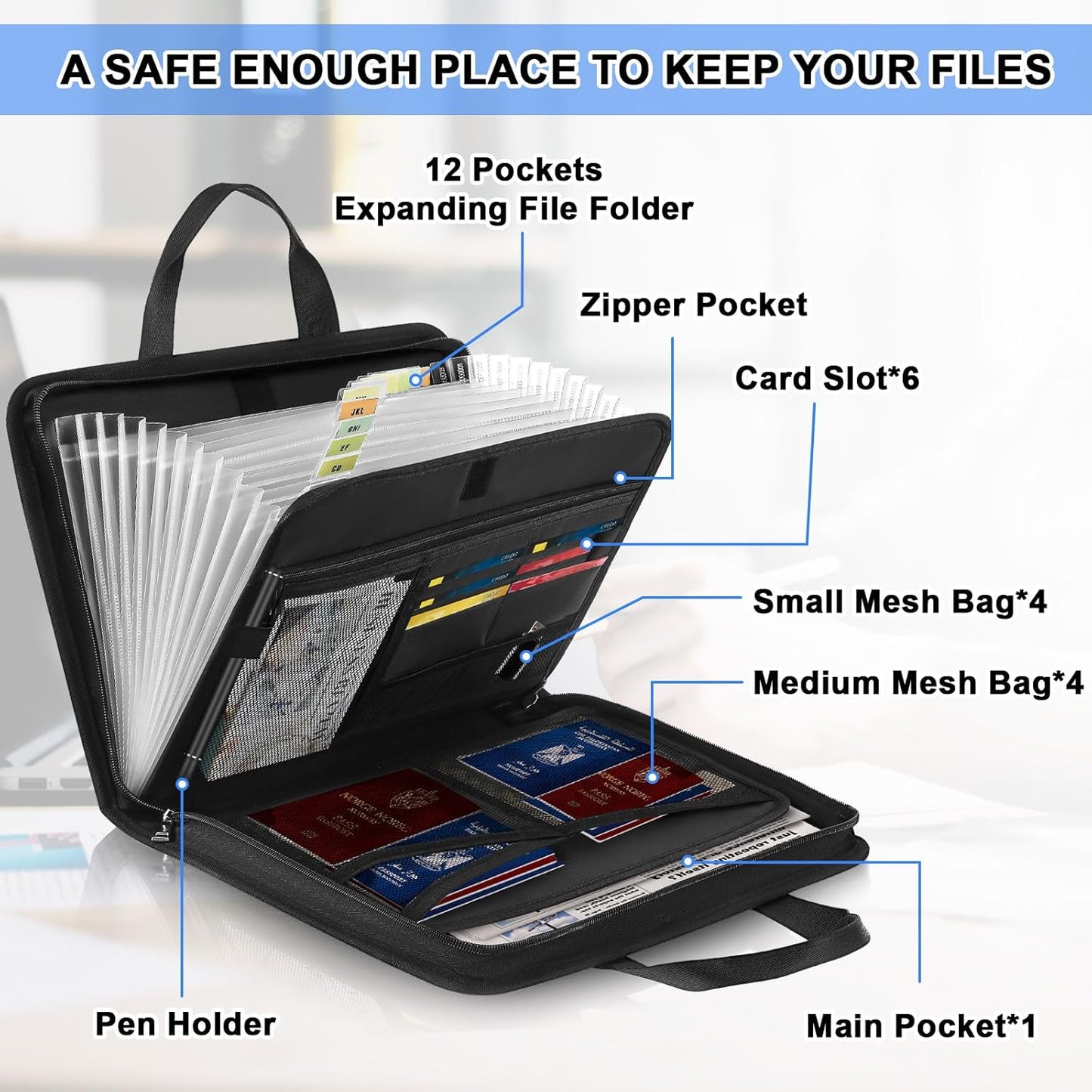 Henoyso 2 Pcs File Organizer Expanding Folder 13 Pockets Fireproof &Waterproof, Organize Receipts,Bills&Important Document Bag with Handle and Zipper Labels for Letter A4 Files,Home Office & School