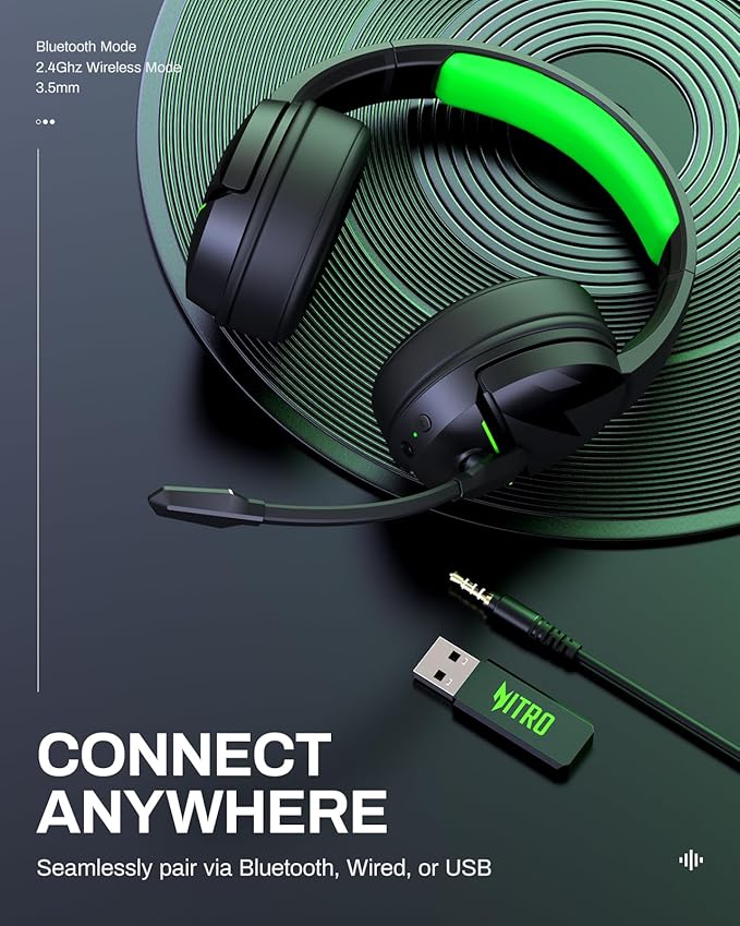 acer Wireless Gaming Headset, PS5 Headset with 2.4GHz for Ps5, Ps4, PC, Switch, Bluetooth 5.3 + 100Hrs Gaming Headphones with Noise Canceling Mic for Laptop, Mobile, Mac, 50mm Drivers (Green)