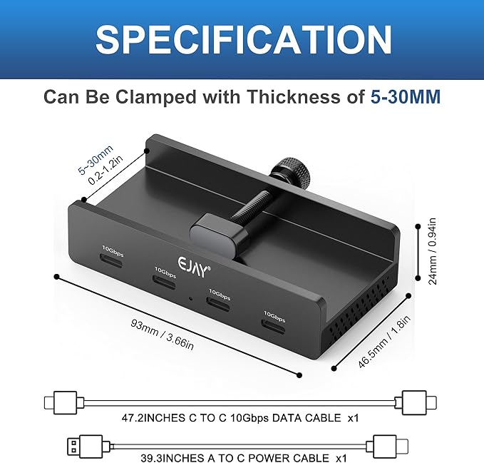 10Gbps USB C Hub - EJAY 4Ports Aluminum USB 3.2 Docking Hub Clamp Design for Desk/Computor with Extra Power Supply Port and 47inches Long Data Cable&39inches Power Cable(Black)
