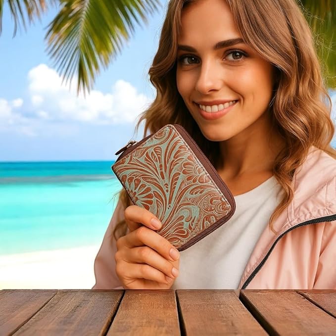 Passport Wallet - Travel Document Holder w/RFID Blocking – Full Grain Leather – Bifold compact zip around Wallet with Credit Card Slots for Women and Men,Turquoise floral,500-50