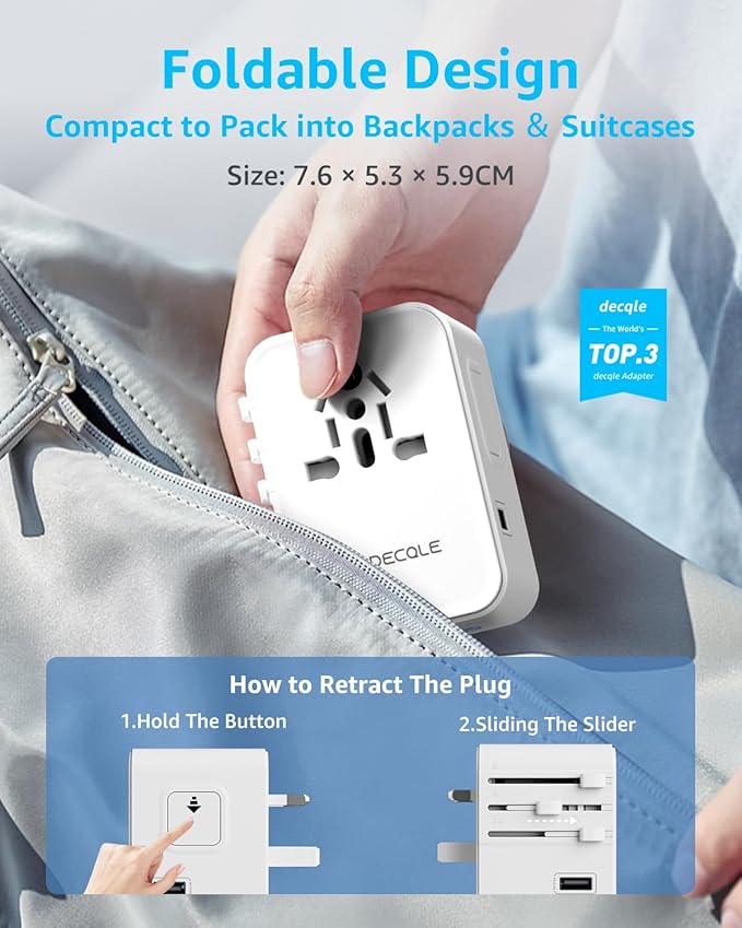 Universal Travel Adapter, International Travel Plug Adapter with 3 USB-C ＆ 2 USB-A Ports(Total 30W), All in One Portable Adaptor, for USA, UK, EU, AU ＆ 224+ Countries (White)