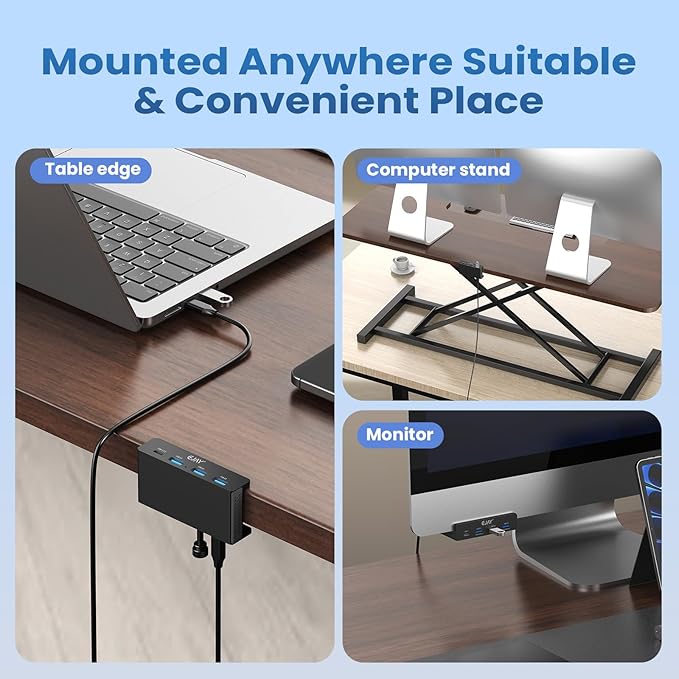 EJAY Mountable 4Ports USB3.0 HUB Alu Desktop Clamp Type C USB3.0 Splitter for Desk/Monitors with Extra Power Supply Port,59inches Data & 39inches Power Cables-5Gbps(BJ-3A1C-BK)