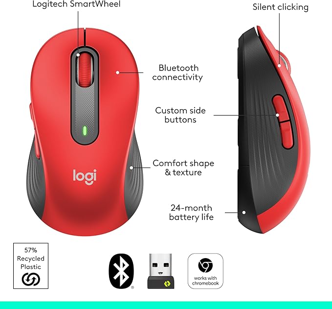 Logitech Wireless Mouse Signature M650 L Full Size - Large Hands, 2-Year Battery, Silent Clicks, Customizable Buttons, Bluetooth, PC/Mac/Chromebook - Classic Red, Right-Handed, Large