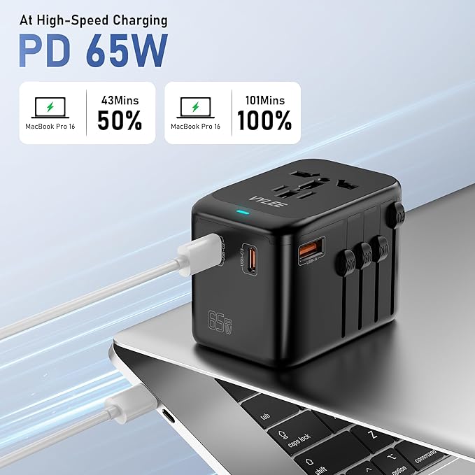 Universal Travel Adapter, 65W Fast GaN International Power Adapter, 3PD USB-C+1QC USB-A European Travel Plug Adapter, US, UK, EU, AU Worldwide Travel Charger for Laptops, Tablets, Phones