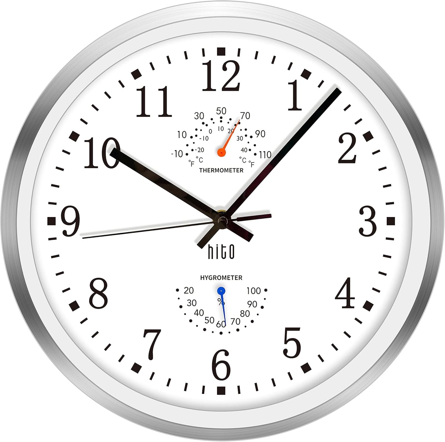 HITO 12 Inch Silent Wall Clock Battery Operated Non Ticking Glass Cover Silver Aluminum Frame, for Living Room Decor, Kitchen, Bedroom, Home Office (12" White)