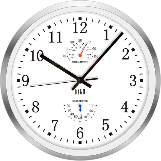 HITO 12 Inch Silent Wall Clock Battery Operated Non Ticking Glass Cover Silver Aluminum Frame, for Living Room Decor, Kitchen, Bedroom, Home Office (12" White)