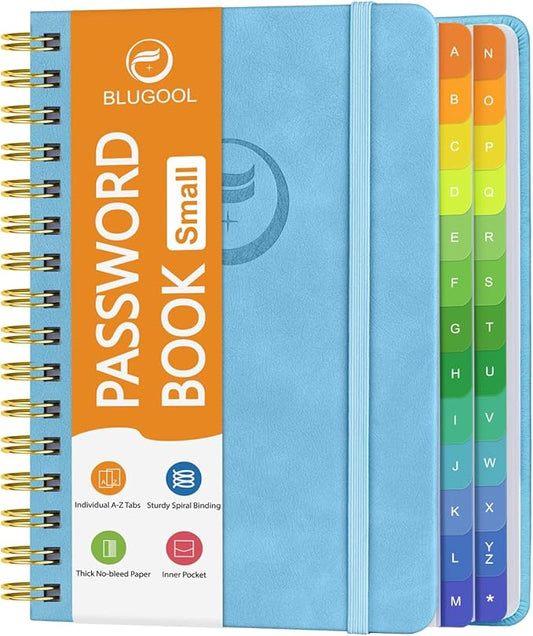Small Password Book with Alphabetical Tabs, Password Keeper Book for Seniors, Individual & Colorful Tabs, Spiral Hardcover Password Notebook Small for Website Logins, 4.7" x 5.8", Blue