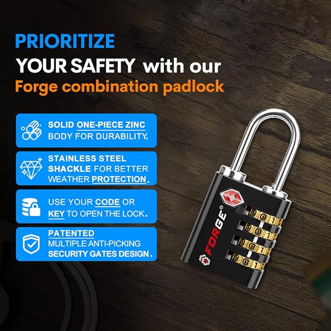 Forge Dual-Opening: Key or Combination Access Lock, Use Key to Recover Code If Forgotten, TSA Approved Locks for Luggage, Pelican case, Travel, Gym, School, Stainless Steel Shackle. (Black 2 Pk)