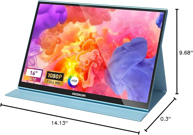 GEEKOM Portable Monitor（2025）, 16'' 1200P FHD Laptop Monitor USB C HDMI Computer Display HDR Eye Care External Screen w/Smart Cover for PC Mac Laptop Phone