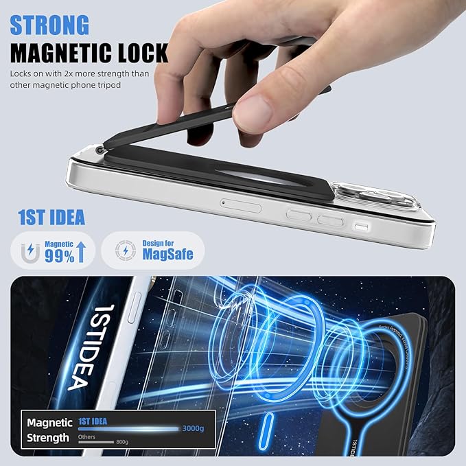 Magnetic Tripod for iPhone, Aluminium Phone Tripod Stand Compatible with Magsafe iPhone 17/16/15/14/13/12 Series, Foldable Strong Magnetic Phone Stand & Portable Phone Holder