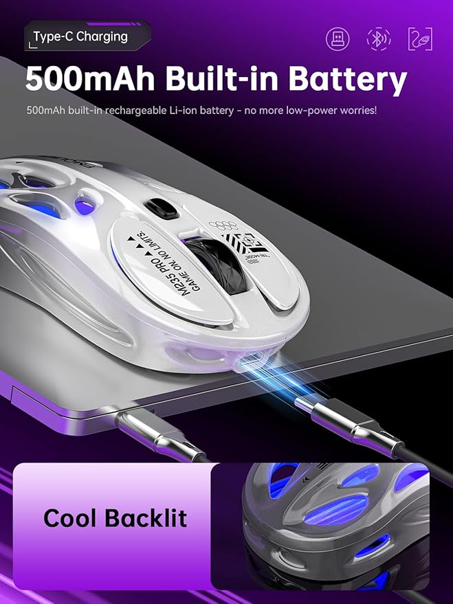 Wireless Gaming Mouse, Tri-Mode 2.4G/USB-C/Bluetooth Mouse, 800-4800 DPI, Ergonomic Optical Mouse Gamer, RGB & 6 Programmable Buttons, 65g, Rechargeable, for PC/Mac/Laptop