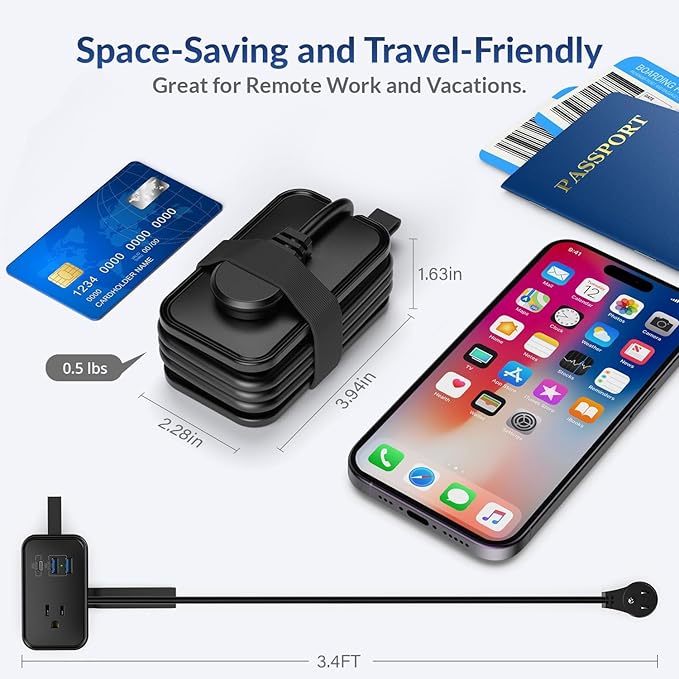 Travel Charger for Multiple Devices, Flat Plug Power Strip 3ft Adapter Extension Cord, 3 AC Outlets, 2 USB & 1 Fast Charging USB-C, No Surge Cruise Approved, Portable Power Strip