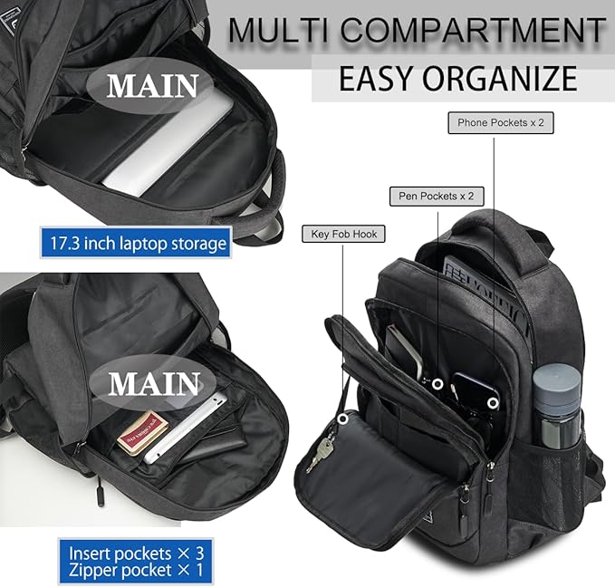 Laptop Backpack for Men Travel Backpack Water-Resistant 17.3 Inch Computer Backpack Work Business Black